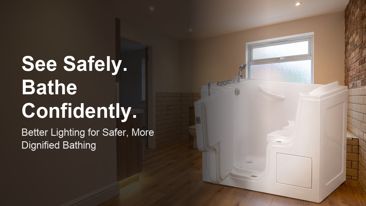 A modern residential bathroom with warm layered lighting and a walk-in bath, demonstrating safe, glare-free illumination for elderly users with visual impairment.