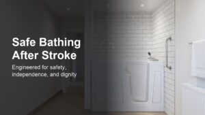 A modern, well-lit bathroom featuring a white walk-in bath with its low-threshold door ajar, chrome grab rail on the wall, and light grey non-slip flooring.
