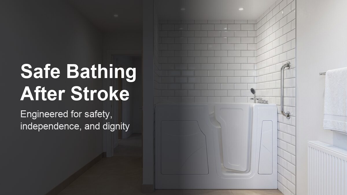 A modern, well-lit bathroom featuring a white walk-in bath with its low-threshold door ajar, chrome grab rail on the wall, and light grey non-slip flooring.