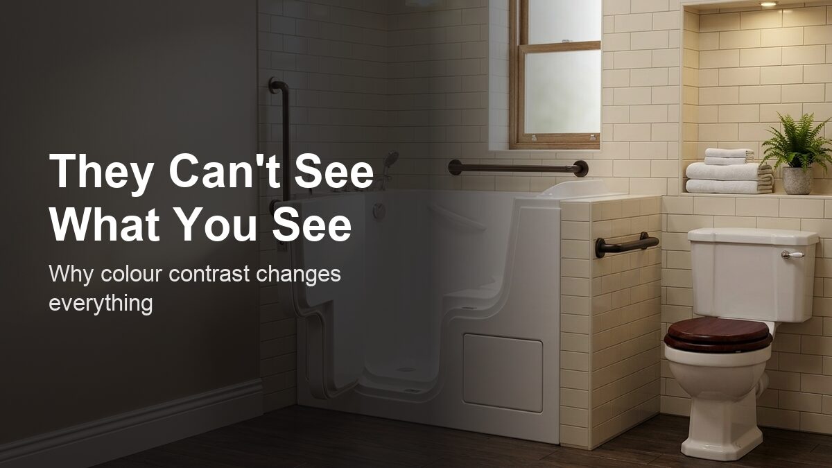 A warm, well-lit bathroom with clearly contrasting surfaces - dark seat on white toilet, visible grab rails, matte non-reflective floor tiles, and soft natural light.