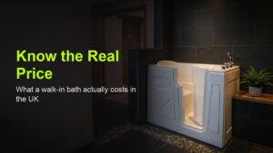 A Vidalux walk-in bath with a visible access door installed in a modern bathroom with neutral tiled walls