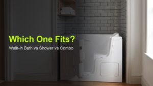 A Vidalux walk-in bath installed in a modern bathroom, showing the open side-entry door, built-in seat, and low step-in threshold.