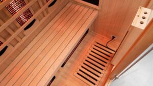 The warm glow of the infrared heaters inside a Vidalux Premier sauna