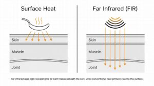 Diagram comparing surface heat and far infrared penetration through skin, muscle and joint layers showing deeper tissue warming from infrared wavelengths.