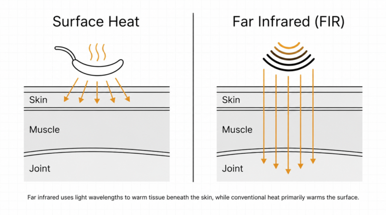 Diagram comparing surface heat and far infrared penetration through skin, muscle and joint layers showing deeper tissue warming from infrared wavelengths.