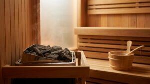 A sauna heater filled with neatly stacked dark volcanic stones