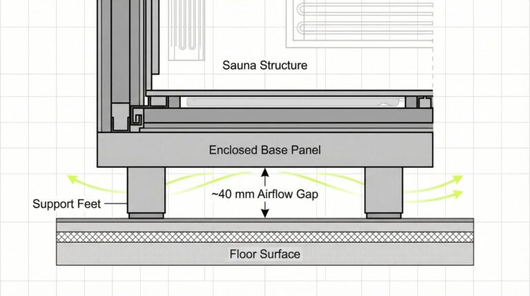 Cross-section diagram of a Vidalux infrared sauna showing the enclosed base panel raised on support feet approximately 40mm above the floor surface, with arrows indicating air flowing freely through the gap beneath.