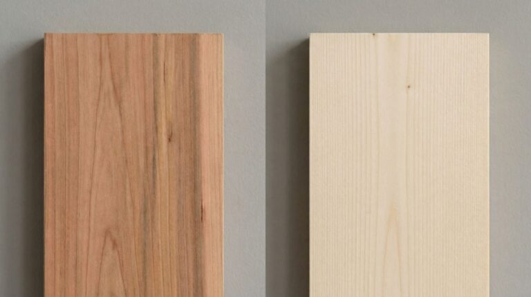 Side-by-side comparison of two sauna timber samples: a reddish-brown Western Red Cedar board on the left and a pale, fine-grained Canadian Hemlock board on the right.