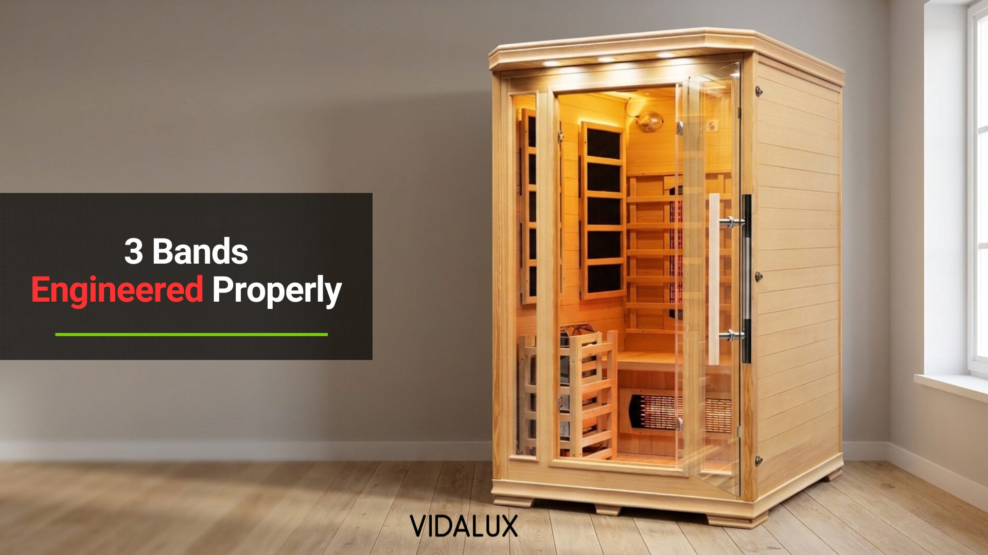 Vidalux Premier 2 Person full spectrum infrared sauna installed in a converted spare bedroom with a window and wooden floorboards.