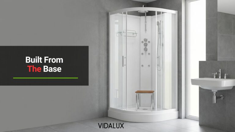 Vidalux Pure 900 hydro shower cabin in Crystal White installed in the corner of a grey-tiled family bathroom with a wall-hung basin, the tray and base sitting level on the floor.