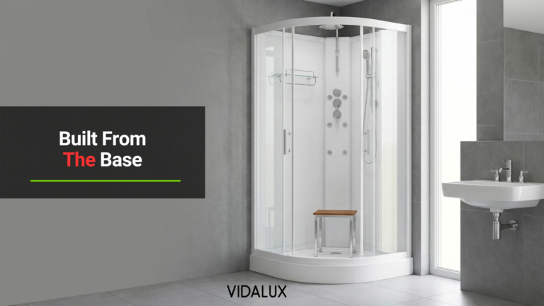 Vidalux Pure 900 hydro shower cabin in Crystal White installed in the corner of a grey-tiled family bathroom with a wall-hung basin, the tray and base sitting level on the floor.