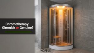 Steam shower cabin filled with steam and lit in warm amber from an overhead ceiling light, installed in the corner of a grey tiled bathroom.