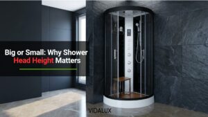 Quadrant steam shower cabin with two riser rails, a central control panel and a deep white tray, installed in a dark tiled bathroom.