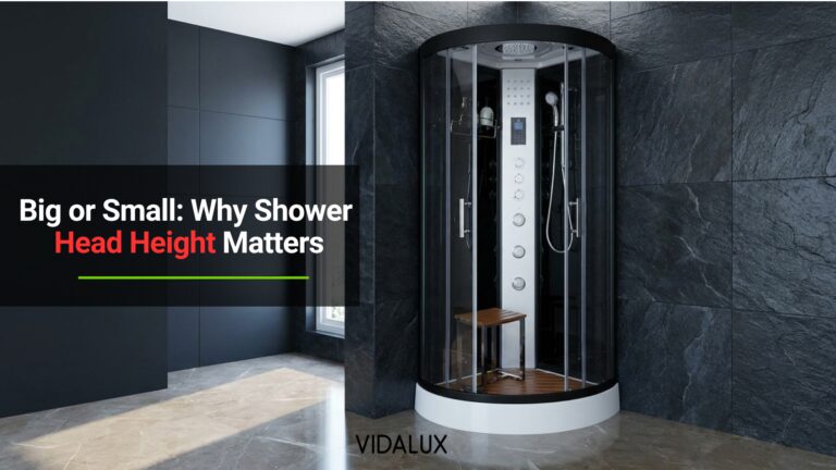 Quadrant steam shower cabin with two riser rails, a central control panel and a deep white tray, installed in a dark tiled bathroom.