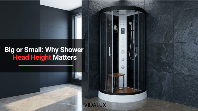 Quadrant steam shower cabin with two riser rails, a central control panel and a deep white tray, installed in a dark tiled bathroom.