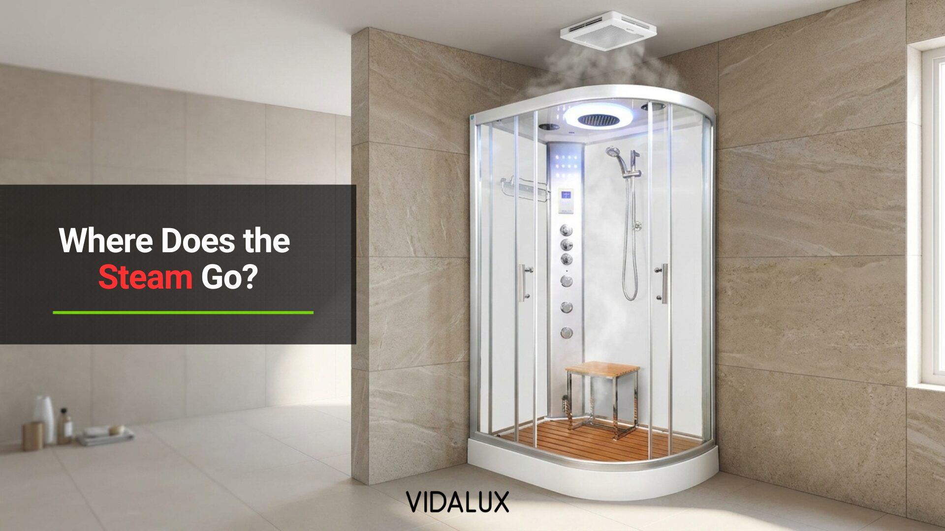 Steam shower cabin with white seats, glass sliding doors and a curved tray, installed in the corner of a tiled bathroom.