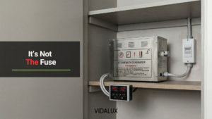 Stainless steel steam bath generator on a timber shelf inside a grey cupboard, with a digital control panel showing temperature readouts and a wall-mounted isolator switch beside it. Headline reads "It's Not The Fuse."