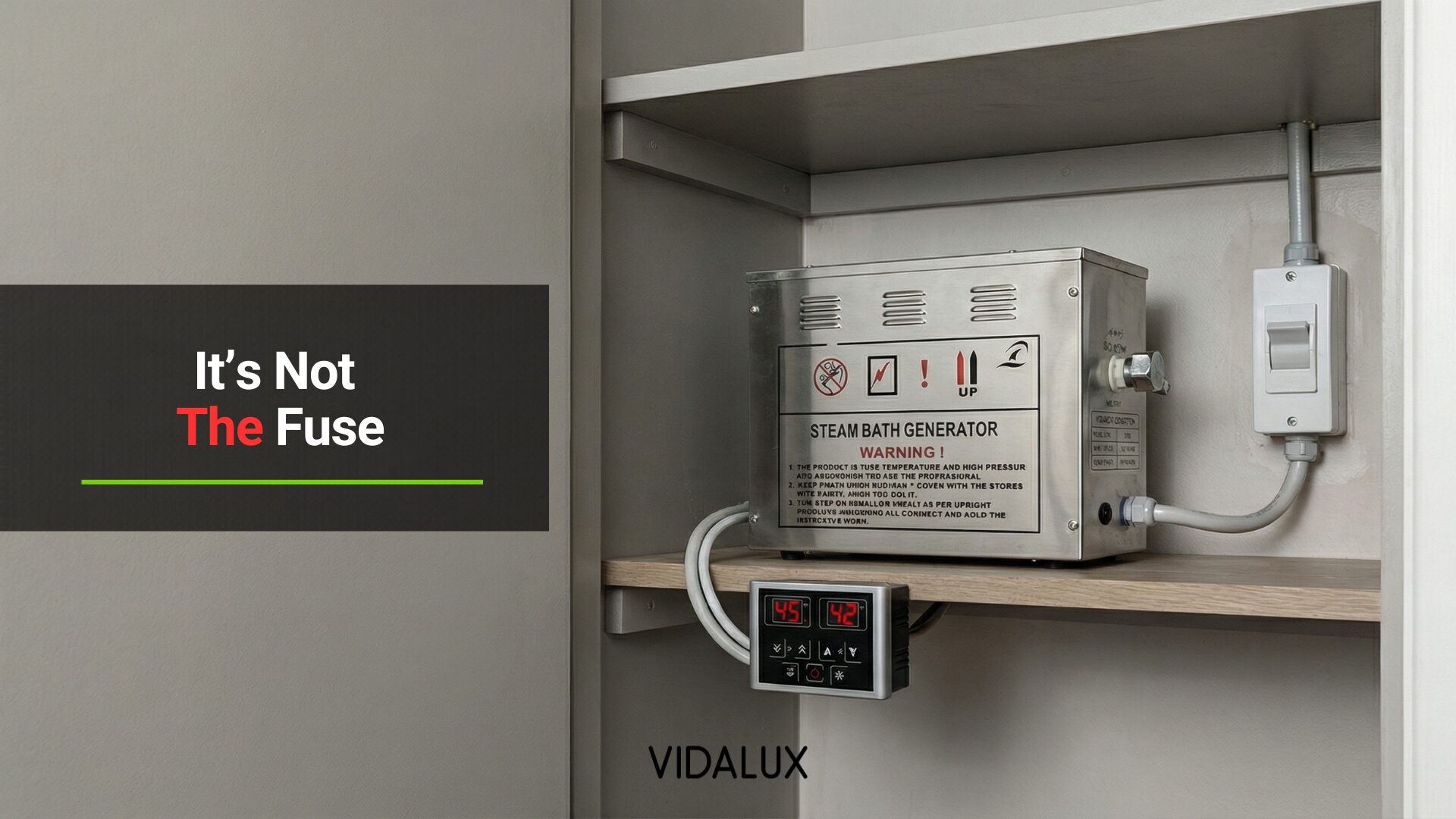 Stainless steel steam bath generator on a timber shelf inside a grey cupboard, with a digital control panel showing temperature readouts and a wall-mounted isolator switch beside it. Headline reads "It's Not The Fuse."