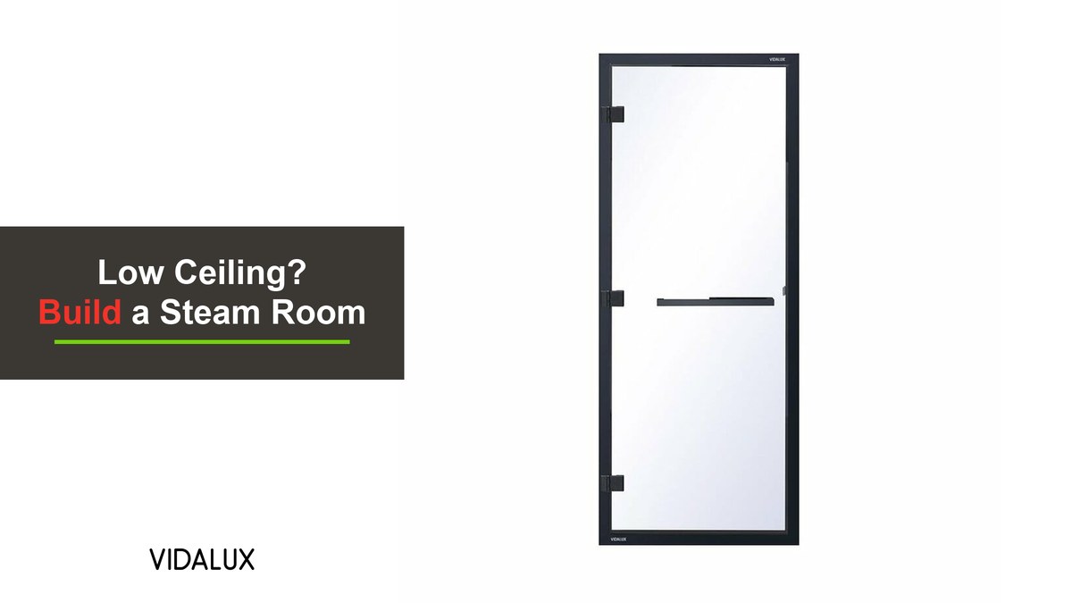 The Vidalux 1860mm by 780mm clear glass steam room door with a black frame, black hinges and a black bar handle, shown against white.