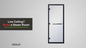 The Vidalux 1860mm by 780mm clear glass steam room door with a black frame, black hinges and a black bar handle on a grey background.