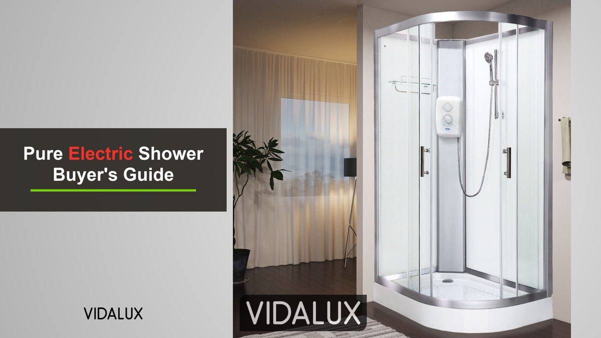 Vidalux Pure E quarter-round electric shower cabin with white panels and a Triton shower unit, in a bathroom, beside the title Pure Electric Shower Buyer’s Guide