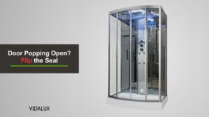 A Vidalux SS1200 rectangular steam shower cabin with clear sliding glass doors and a jet panel on a grey background.