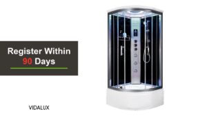 The Vidalux Miami 900 steam shower cabin with black back panels, clear glass doors and a white tray, shown against white.