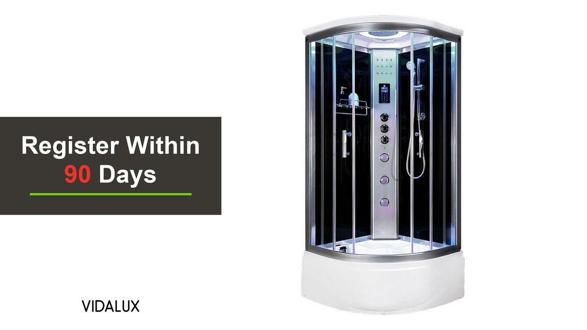 The Vidalux Miami 900 steam shower cabin with black back panels, clear glass doors and a white tray, shown against white.