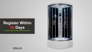 The Vidalux Miami 900 steam shower cabin with black back panels, clear glass doors and a white tray on a grey background.