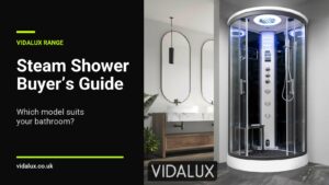 Vidalux Essence quarter-round steam shower with blue mood lighting in a modern bathroom, beside the title Steam Shower Buyer’s Guide